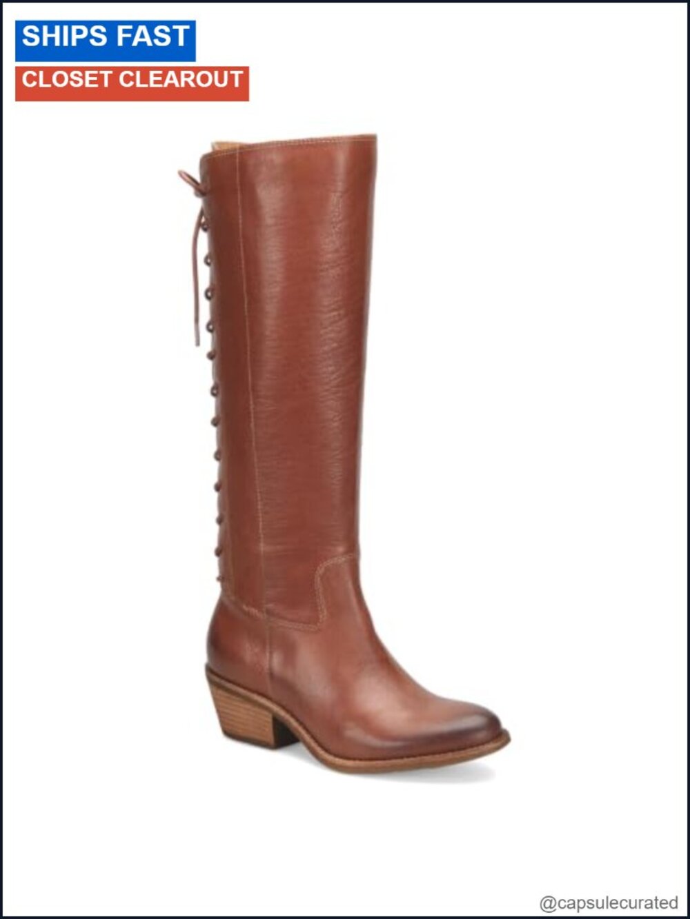 Waterproof Leather Knee High Boot Block Heel Lace Up Back